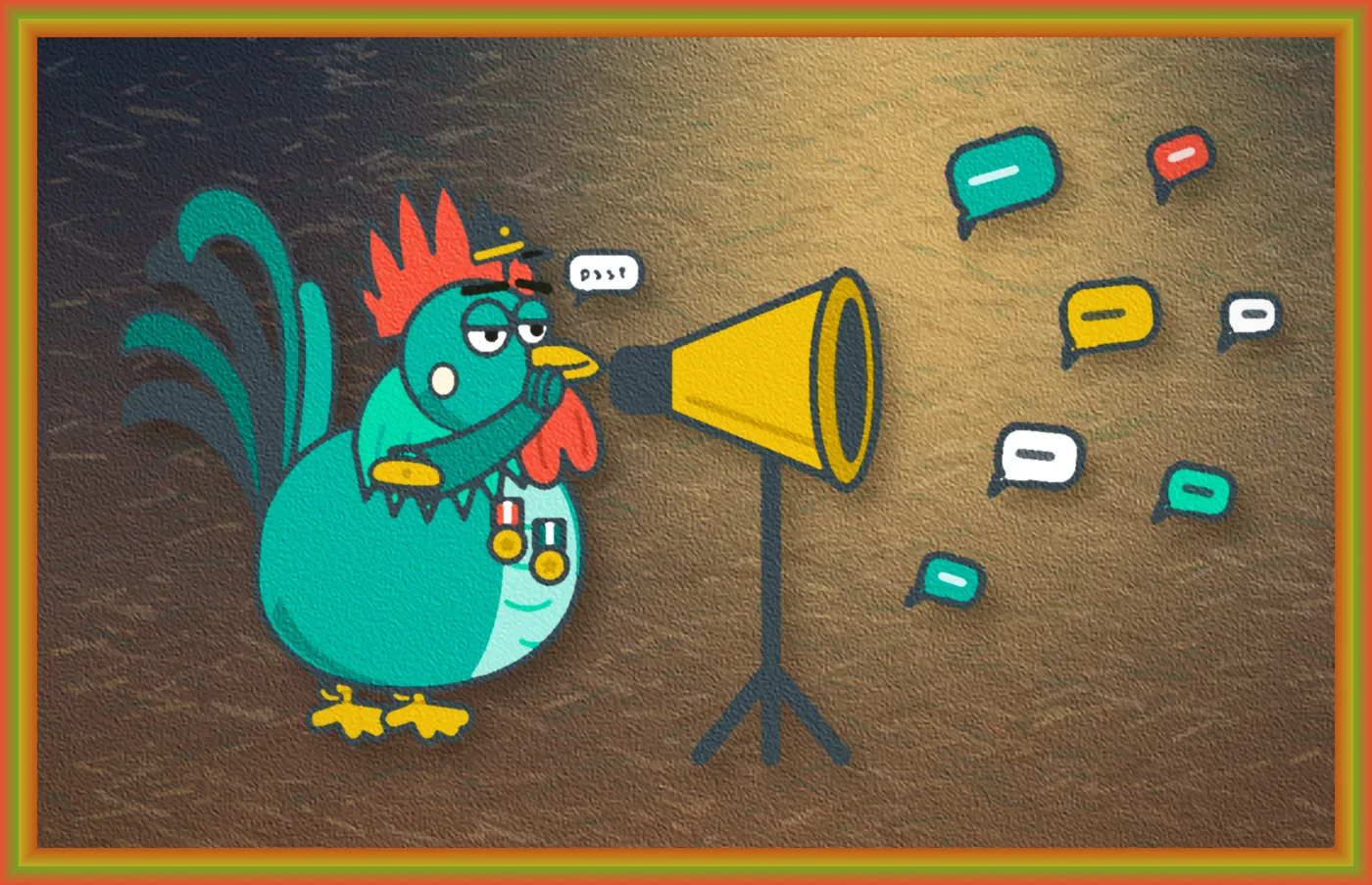 Major Blowhorn whispering into a giant megaphone on a tripod as speech bubbles blast across a stormy sky