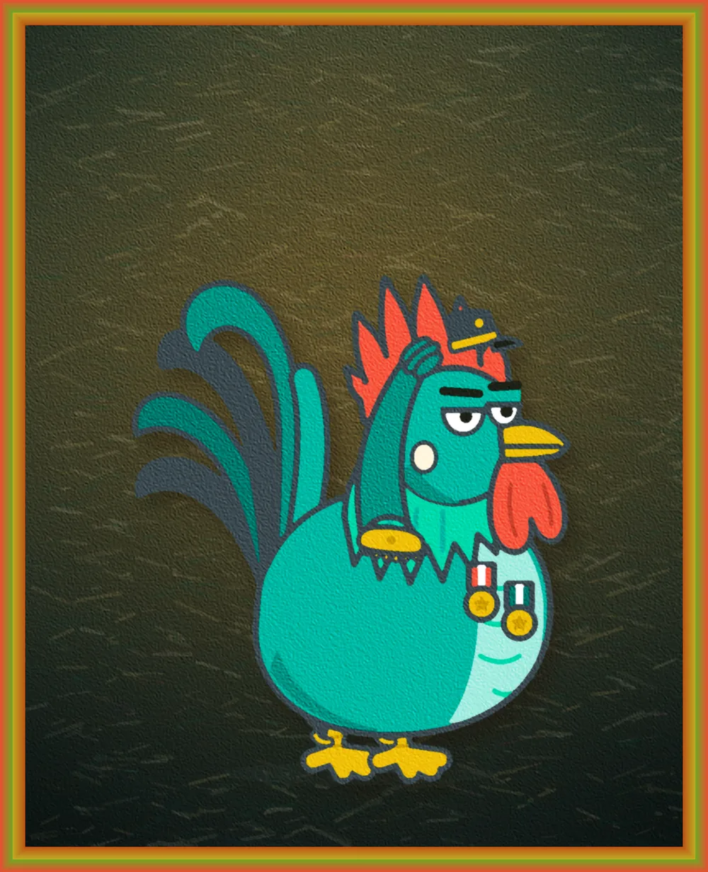 An oil-painting-style portrait of Major Blowhorn, a teal rooster in a campaign hat with medals on his chest, in a gilt frame