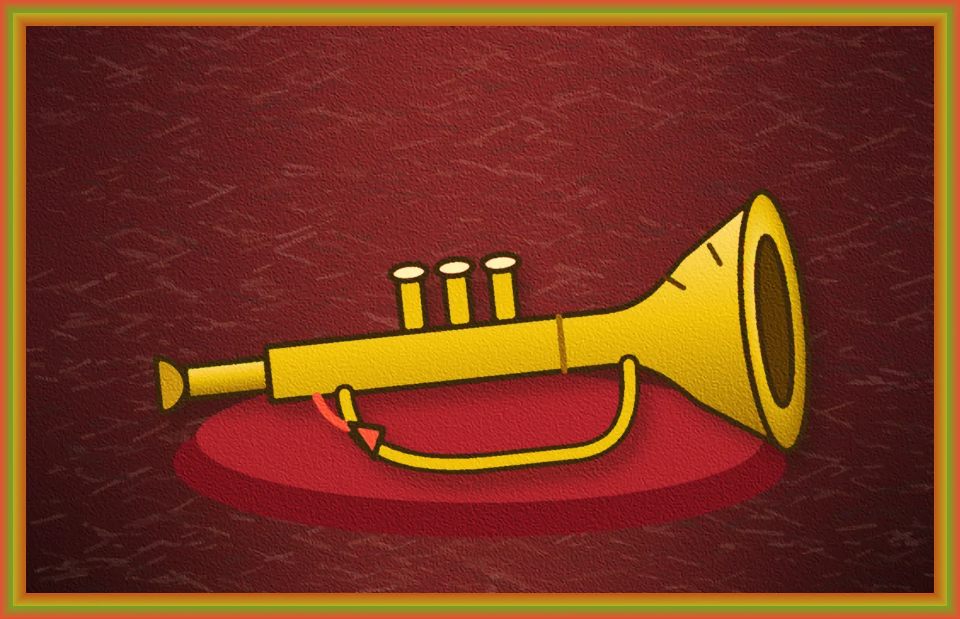 Old Thunderlung, a dented brass trumpet with a red tassel, resting on a red velvet cushion