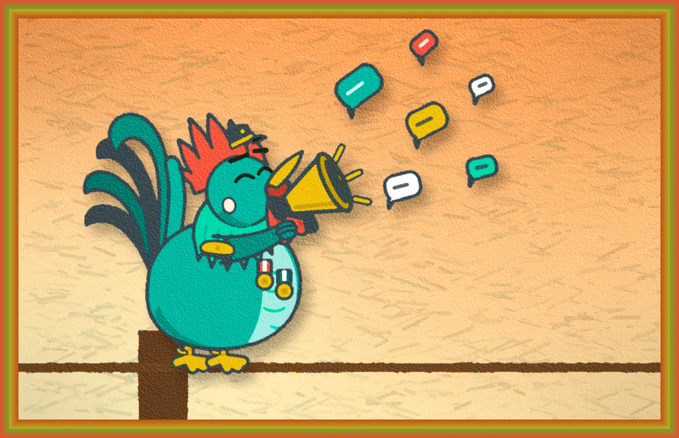 Major Blowhorn on a fence post at sunrise, crowing through his megaphone as colorful speech bubbles fly out